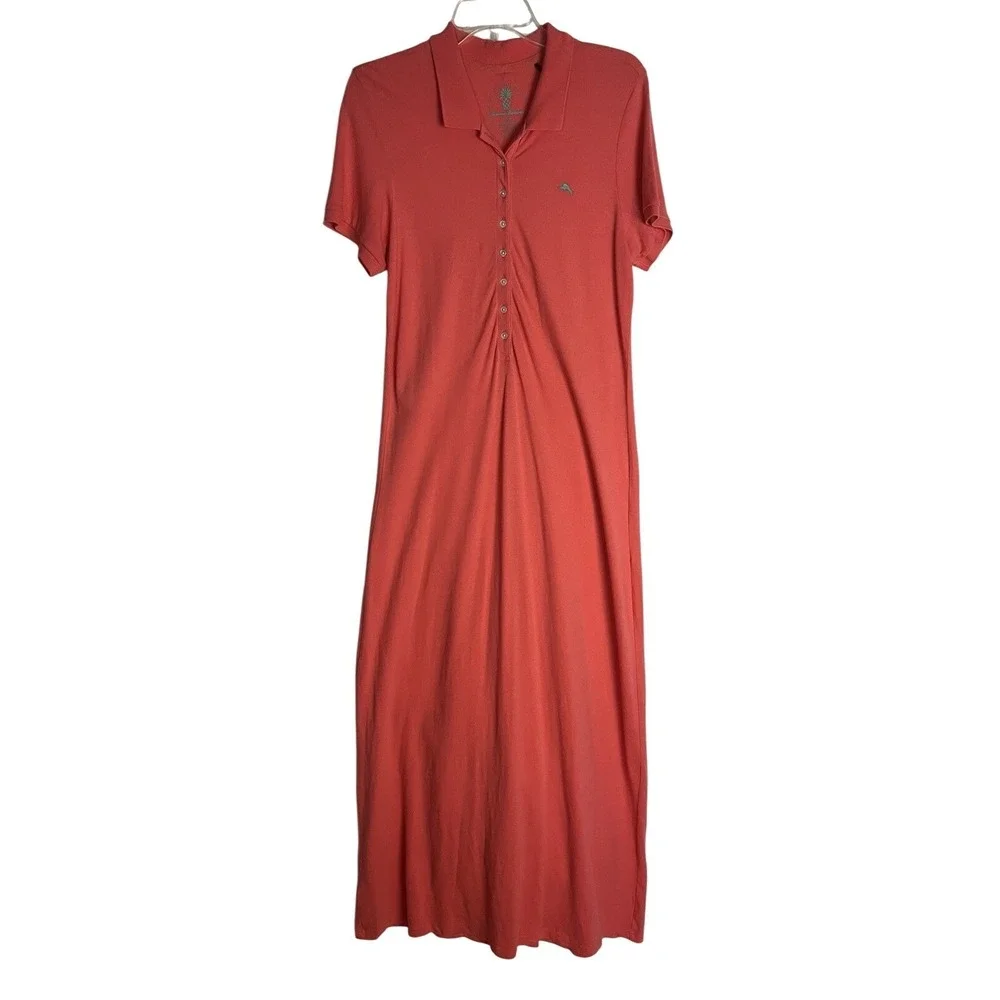 Tommy Bahama Orange Long/Maxi‎ Polo Dress Short Sleeve - Size M Back Slit